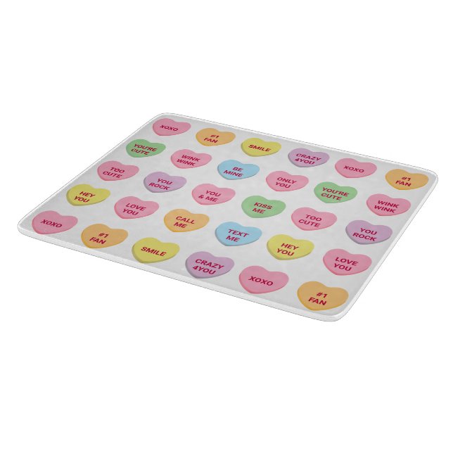 Cute funny girly custom conversation candy hearts  cutting board (Corner)