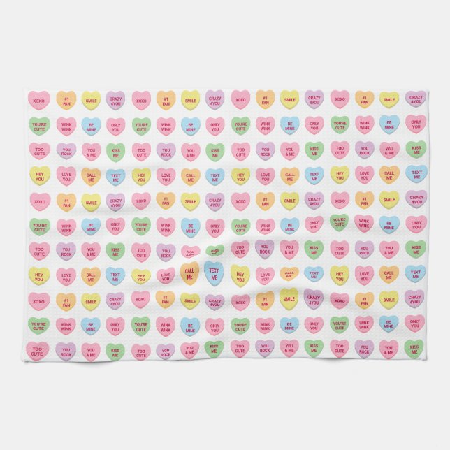 Cute funny girly custom conversation candy hearts tea towel (Horizontal)