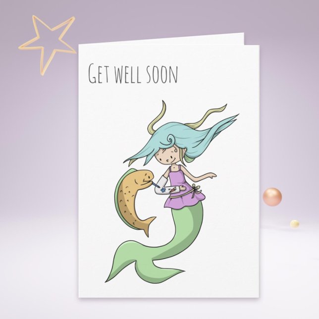 Cute Funny Girly Mermaid Accident Get Well  Card (Mermaid with a Broken Arm and Fish Get Well Soon Card)