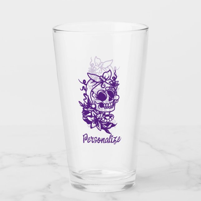Cute Funny Gothic Skull Flowers Purple Personalise Glass (Front)