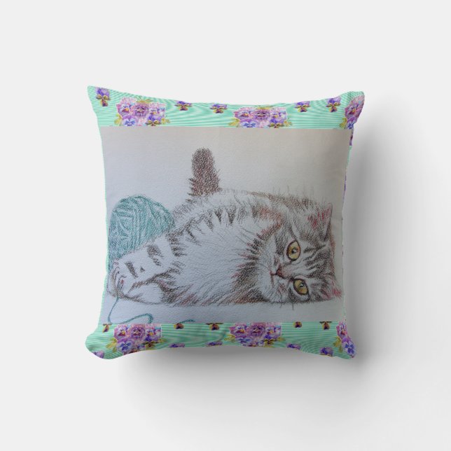 Cute Funny Gray Tabby Cat Kitten with Wool Cushion (Front)