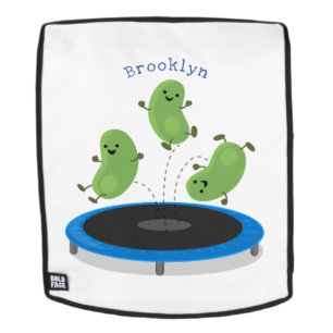 Cute funny green beans on trampoline cartoon backpack