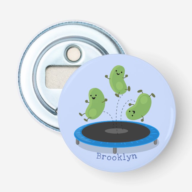 Cute funny green beans on trampoline cartoon bottle opener (Front)