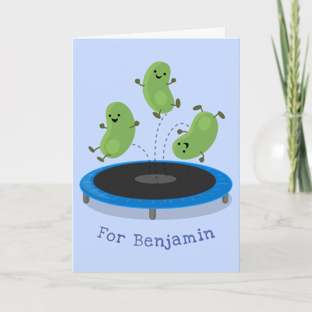 Cute funny green beans on trampoline cartoon card (Front)