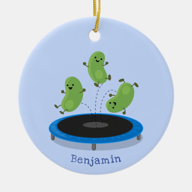 Cute funny green beans on trampoline cartoon ceramic ornament (Front)