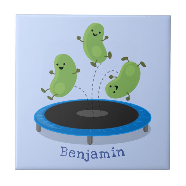 Cute funny green beans on trampoline cartoon ceramic tile (Front)