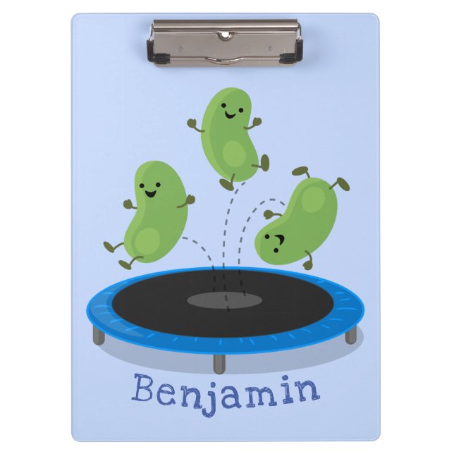 Cute funny green beans on trampoline cartoon clipboard (Front)