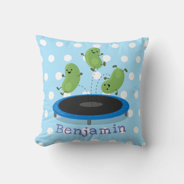 Cute funny green beans on trampoline cartoon cushion (Front)