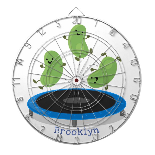 Cute funny green beans on trampoline cartoon dartboard (Front)