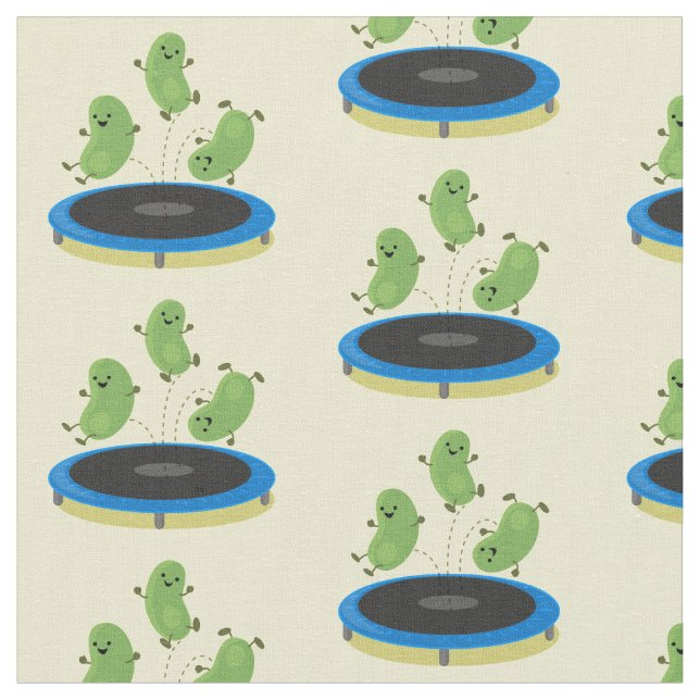 Cute funny green beans on trampoline cartoon fabric (Close Up)