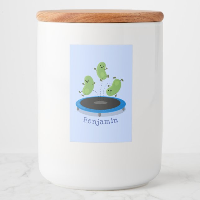 Cute funny green beans on trampoline cartoon food label (Front)