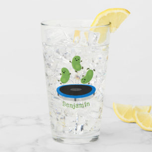Cute funny green beans on trampoline cartoon glass