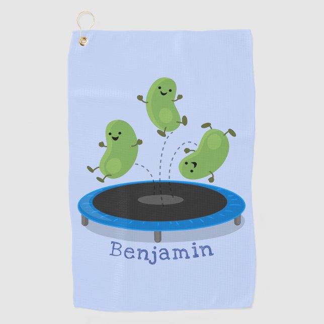 Cute funny green beans on trampoline cartoon golf towel (Front)