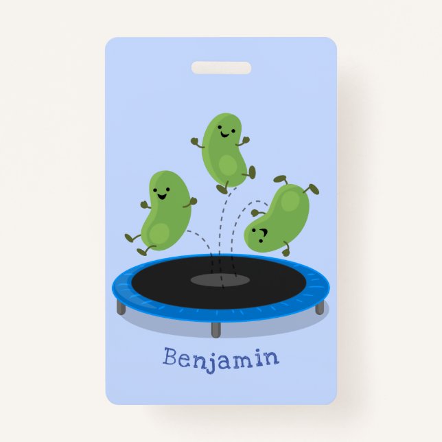 Cute funny green beans on trampoline cartoon ID badge (Front)