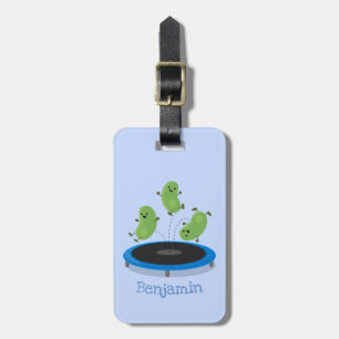 Cute funny green beans on trampoline cartoon luggage tag