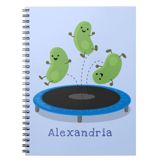 Cute funny green beans on trampoline cartoon notebook (Front)