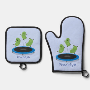 Cute funny green beans on trampoline cartoon oven mitt & pot holder set
