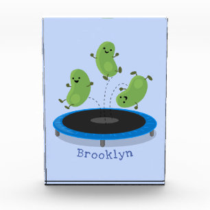 Cute funny green beans on trampoline cartoon photo block