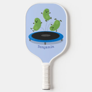Cute funny green beans on trampoline cartoon pickleball paddle