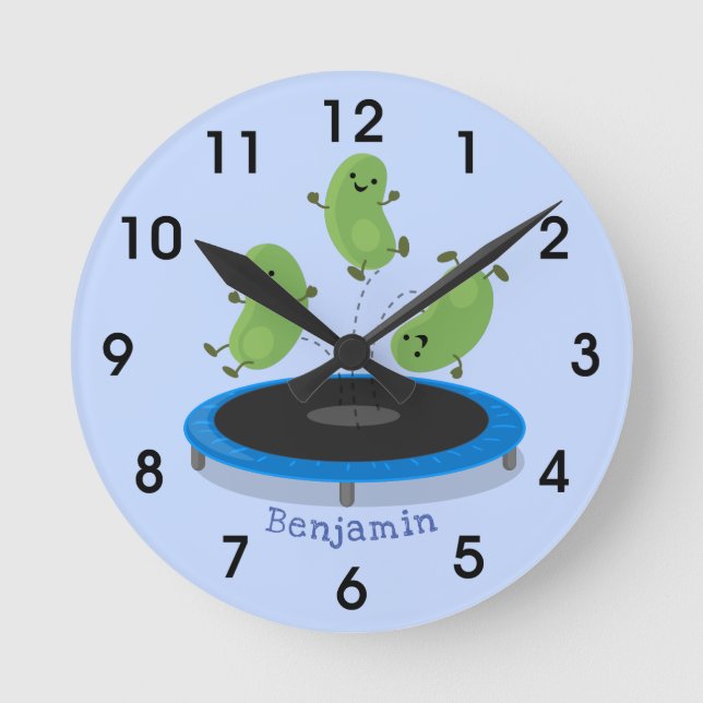 Cute funny green beans on trampoline cartoon round clock (Front)
