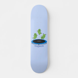 Cute funny green beans on trampoline cartoon skateboard