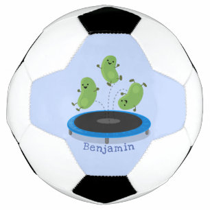 Cute funny green beans on trampoline cartoon soccer ball