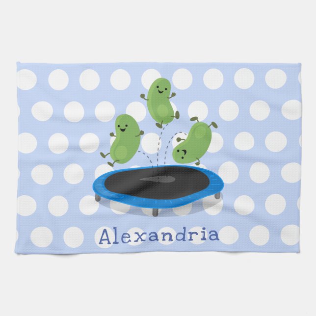 Cute funny green beans on trampoline cartoon tea towel (Horizontal)