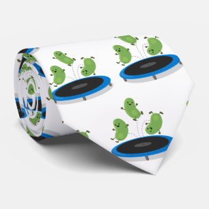 Cute funny green beans on trampoline cartoon tie