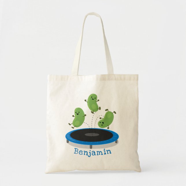 Cute funny green beans on trampoline cartoon tote bag (Front)