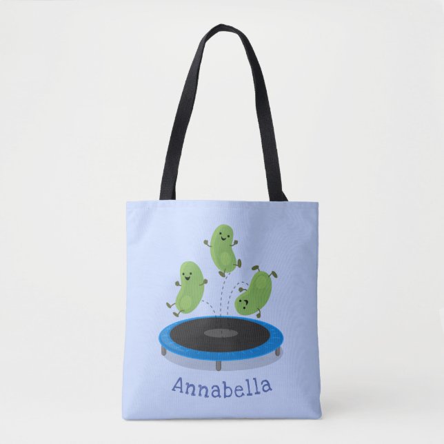 Cute funny green beans on trampoline cartoon tote bag (Front)
