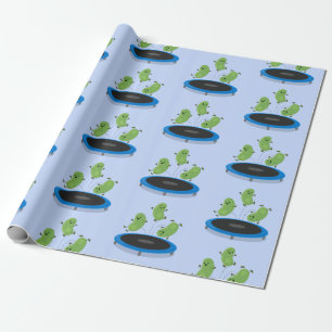 Cute funny green beans on trampoline cartoon wrapping paper