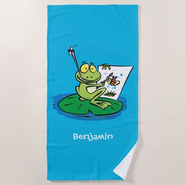 Cute funny green frog cartoon illustration  beach towel (Front)