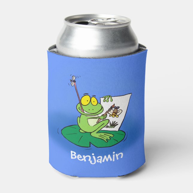 Cute funny green frog cartoon illustration can cooler (Can Front)