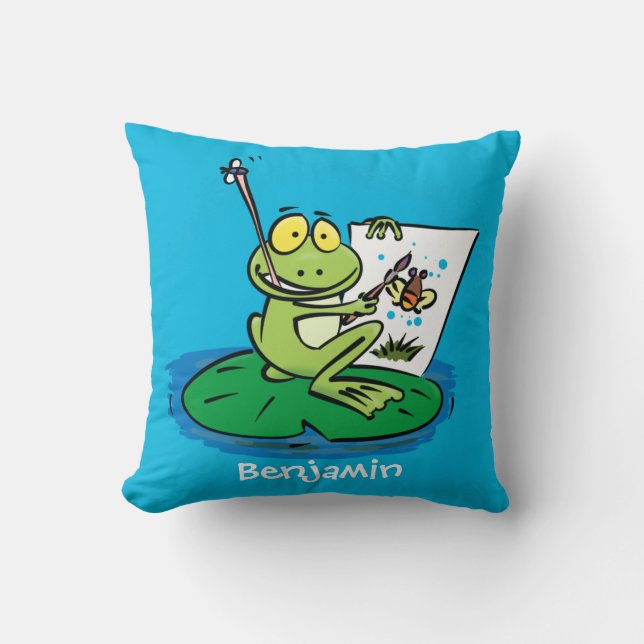 Cute funny green frog cartoon illustration cushion (Front)