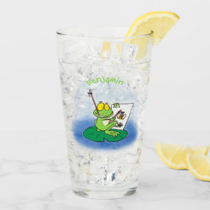 Cute funny green frog cartoon illustration glass