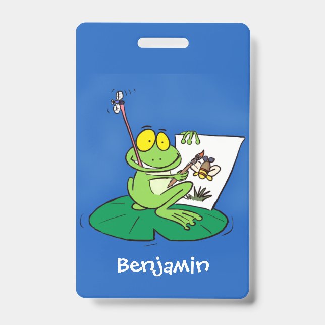 Cute funny green frog cartoon illustration ID badge (Front)
