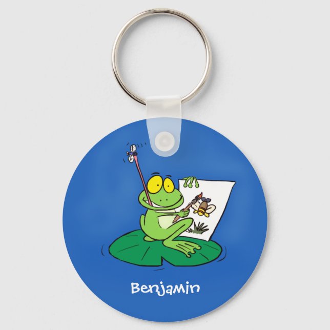 Cute funny green frog cartoon illustration key ring (Front)