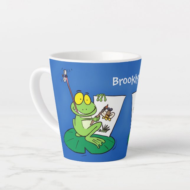 Cute funny green frog cartoon illustration latte mug (Left Angle)