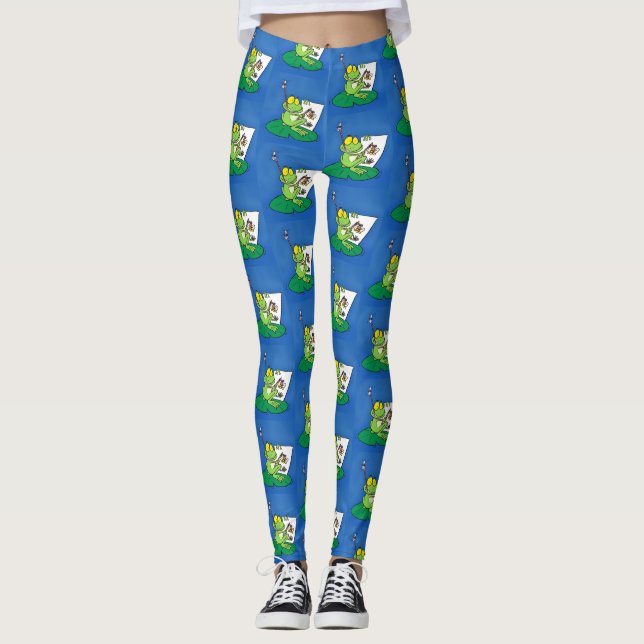 Cute funny green frog cartoon illustration leggings (Front)