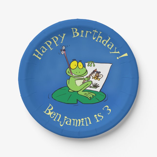 Cute funny green frog cartoon illustration paper plate (Front)