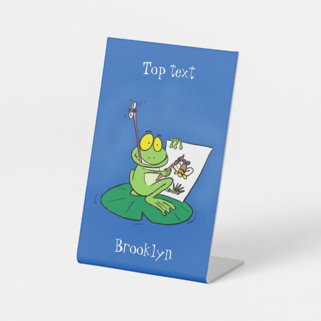 Cute funny green frog cartoon illustration pedestal sign (Front)