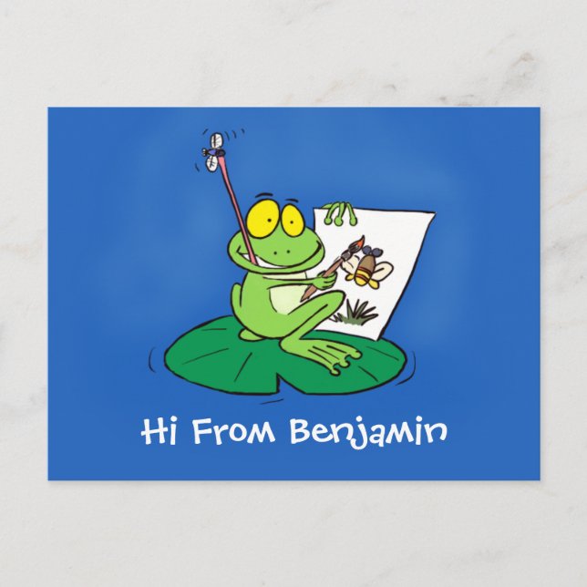 Cute funny green frog cartoon illustration postcard (Front)