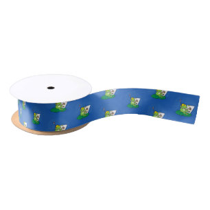 Cute funny green frog cartoon illustration satin ribbon
