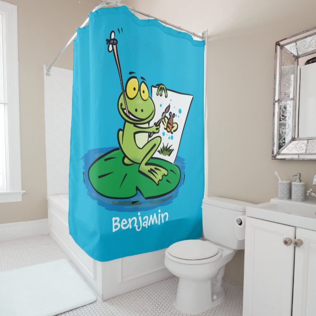 Cute funny green frog cartoon illustration  shower curtain (In Situ)