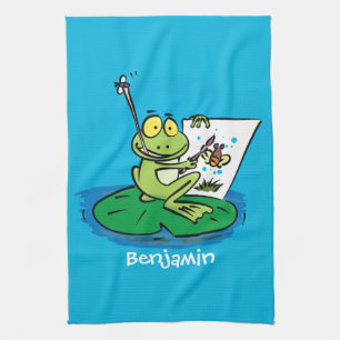 Cute funny green frog cartoon illustration tea towel
