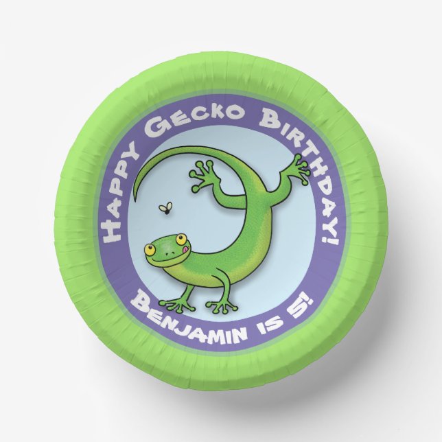Cute funny green gecko cartoon birthday paper plate (Front)