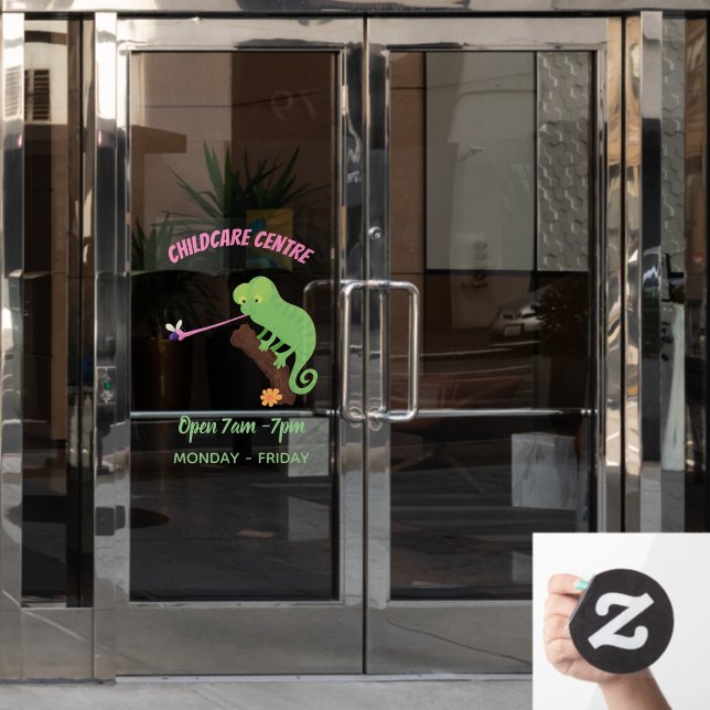 Cute funny green happy chameleon lizard cartoon (Office Door)