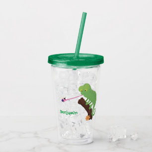 Cute funny green happy chameleon lizard cartoon acrylic tumbler