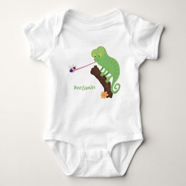 Cute funny green happy chameleon lizard cartoon baby bodysuit (Front)