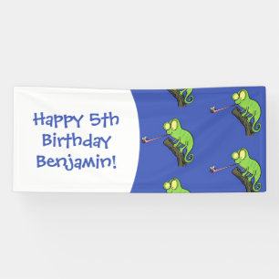 Cute funny green happy chameleon lizard cartoon banner